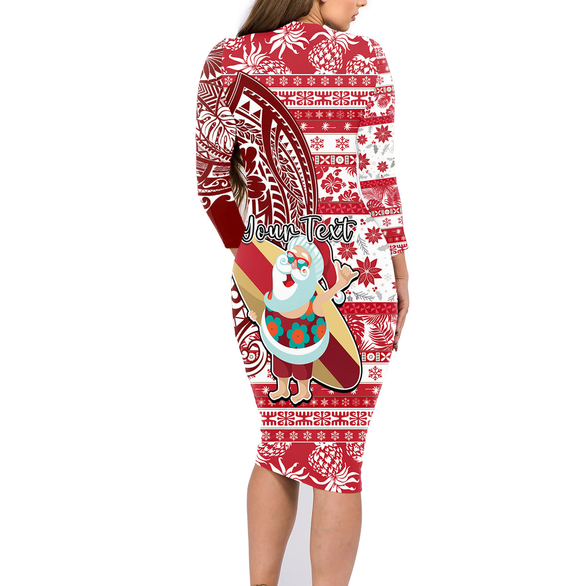 Custom Hawaii Mele Kalikimaka Family Matching Long Sleeve Bodycon Dress and Hawaiian Shirt Santa Claus Surfing with Hawaiian Pattern Striped Red Style LT03 - Polynesian Pride