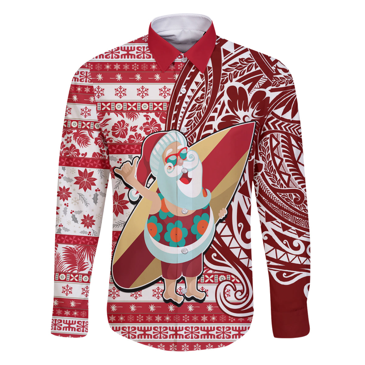 Custom Hawaii Mele Kalikimaka Family Matching Puletasi Dress and Hawaiian Shirt Santa Claus Surfing with Hawaiian Pattern Striped Red Style LT03 Dad's Shirt - Long Sleeve Red - Polynesian Pride