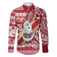 Custom Hawaii Mele Kalikimaka Family Matching Puletasi Dress and Hawaiian Shirt Santa Claus Surfing with Hawaiian Pattern Striped Red Style LT03 Dad's Shirt - Long Sleeve Red - Polynesian Pride