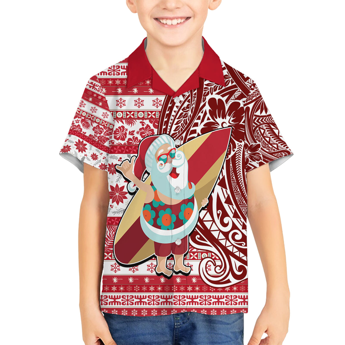 Custom Hawaii Mele Kalikimaka Family Matching Puletasi Dress and Hawaiian Shirt Santa Claus Surfing with Hawaiian Pattern Striped Red Style LT03 Son's Shirt Red - Polynesian Pride