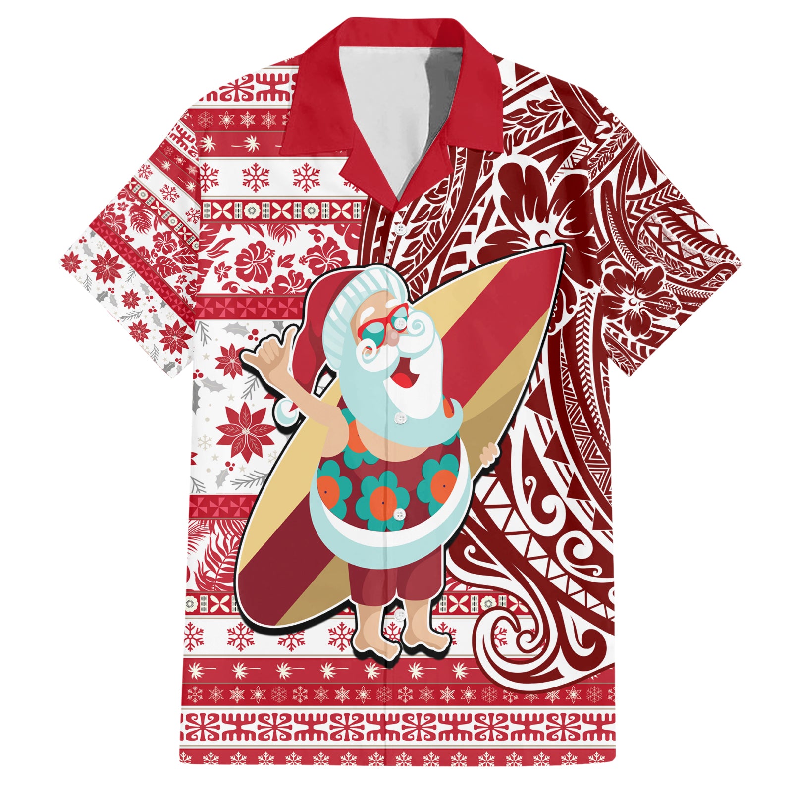 Custom Hawaii Mele Kalikimaka Hawaiian Shirt Santa Claus Surfing with Hawaiian Pattern Striped Red Style LT03 Red - Polynesian Pride