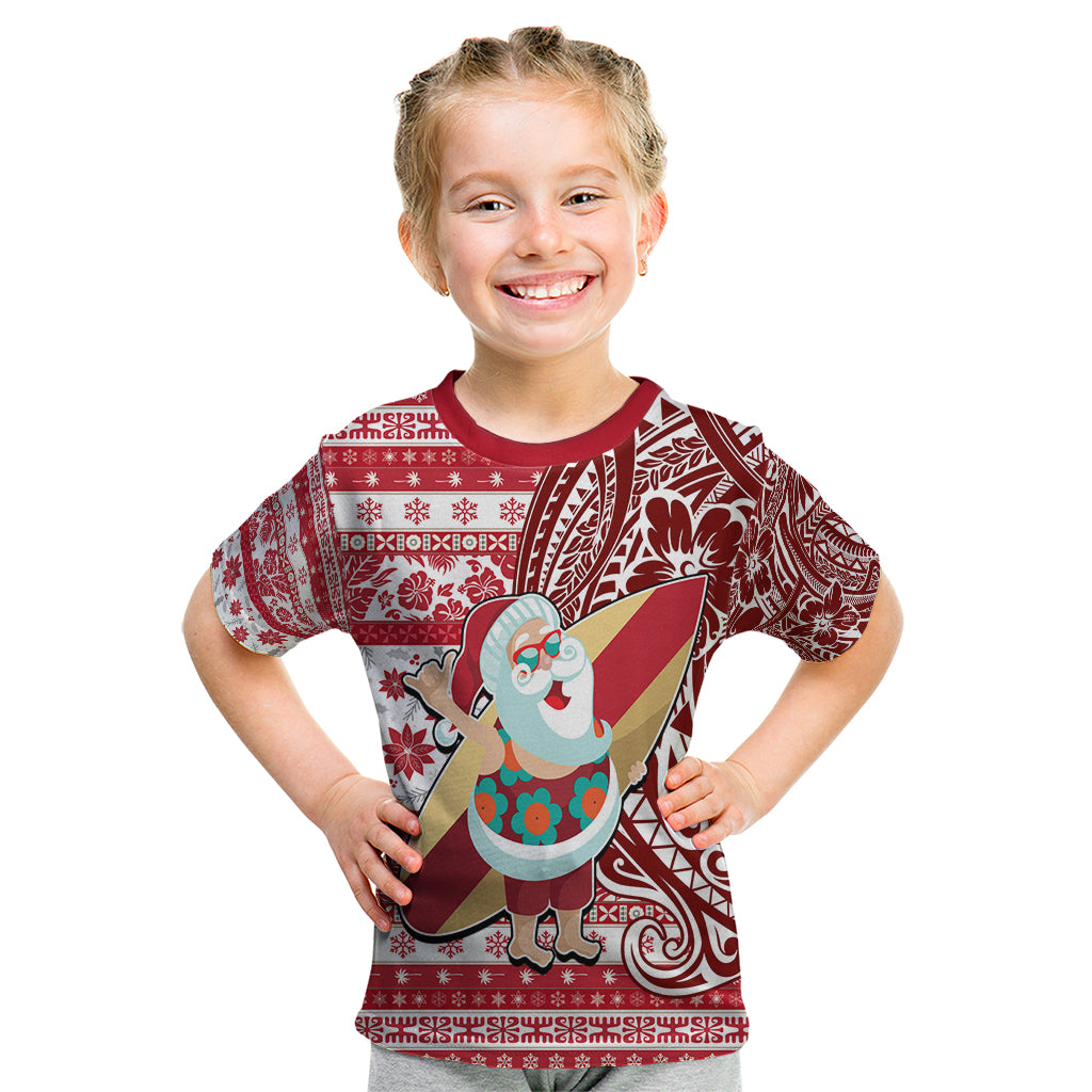 Custom Hawaii Mele Kalikimaka Kid T Shirt Santa Claus Surfing with Hawaiian Pattern Striped Red Style LT03 Red - Polynesian Pride