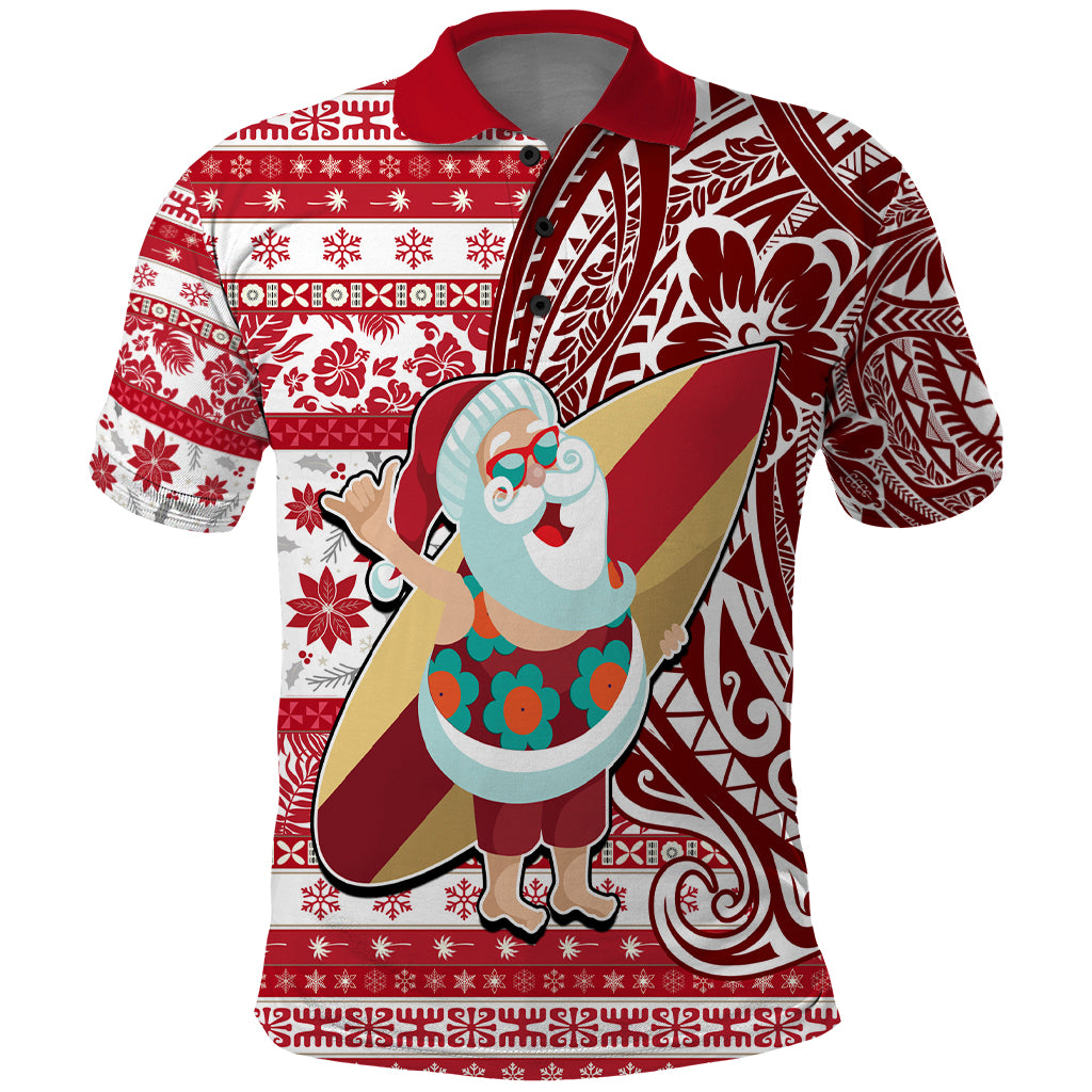 Custom Hawaii Mele Kalikimaka Polo Shirt Santa Claus Surfing with Hawaiian Pattern Striped Red Style LT03 Red - Polynesian Pride