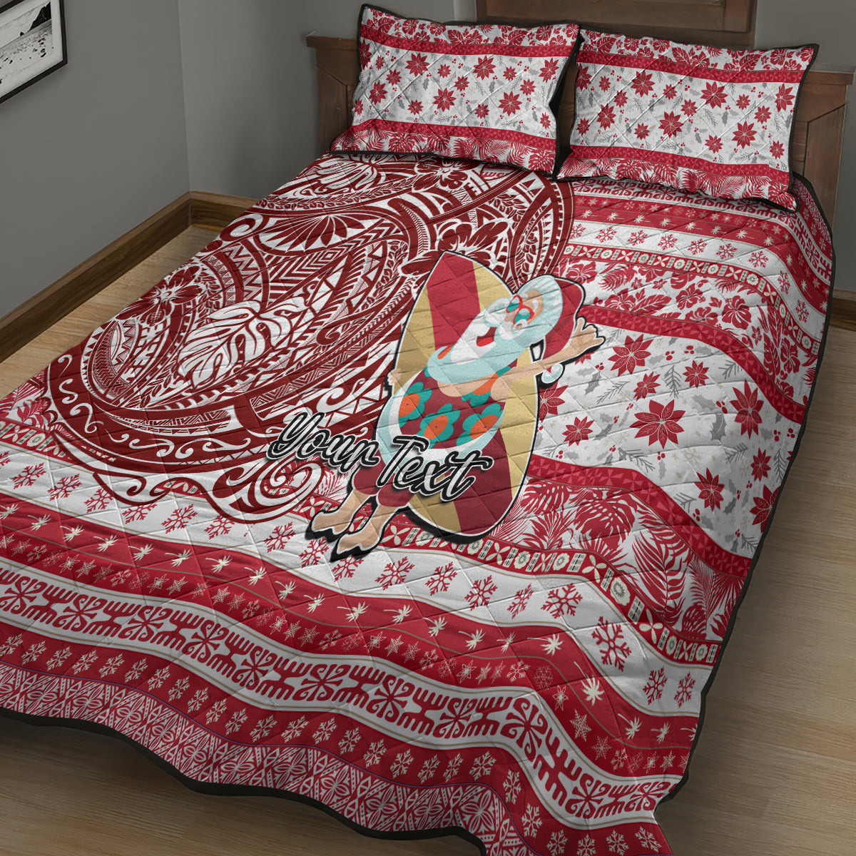 Custom Hawaii Mele Kalikimaka Quilt Bed Set Santa Claus Surfing with Hawaiian Pattern Striped Red Style LT03 - Polynesian Pride