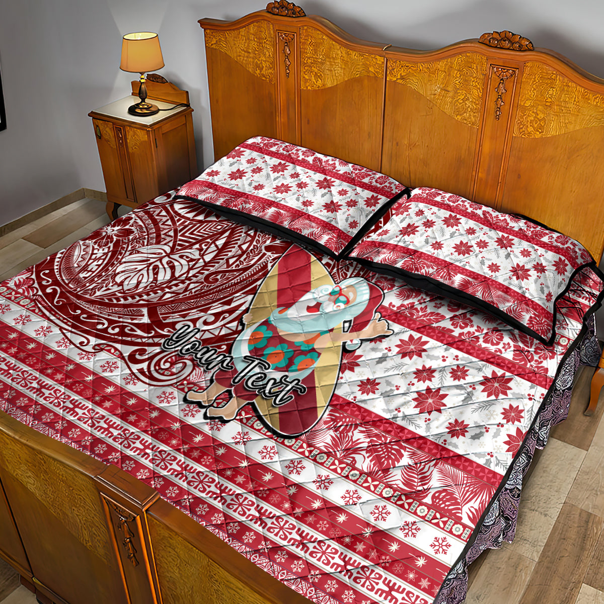 Custom Hawaii Mele Kalikimaka Quilt Bed Set Santa Claus Surfing with Hawaiian Pattern Striped Red Style LT03 - Polynesian Pride