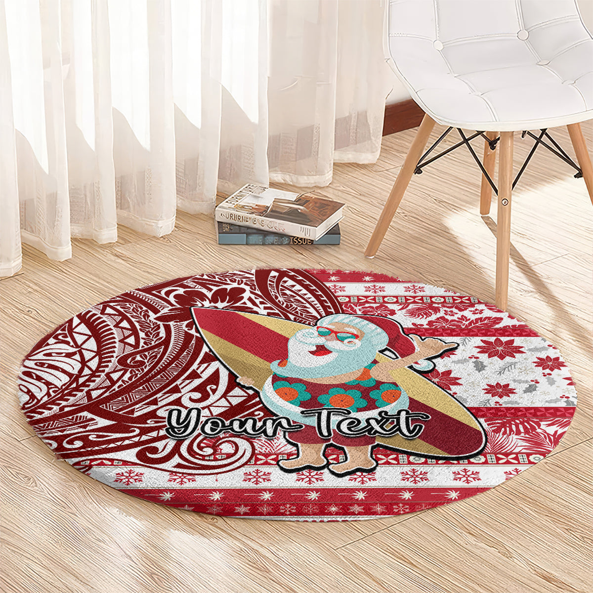 Custom Hawaii Mele Kalikimaka Round Carpet Santa Claus Surfing with Hawaiian Pattern Striped Red Style LT03 - Polynesian Pride
