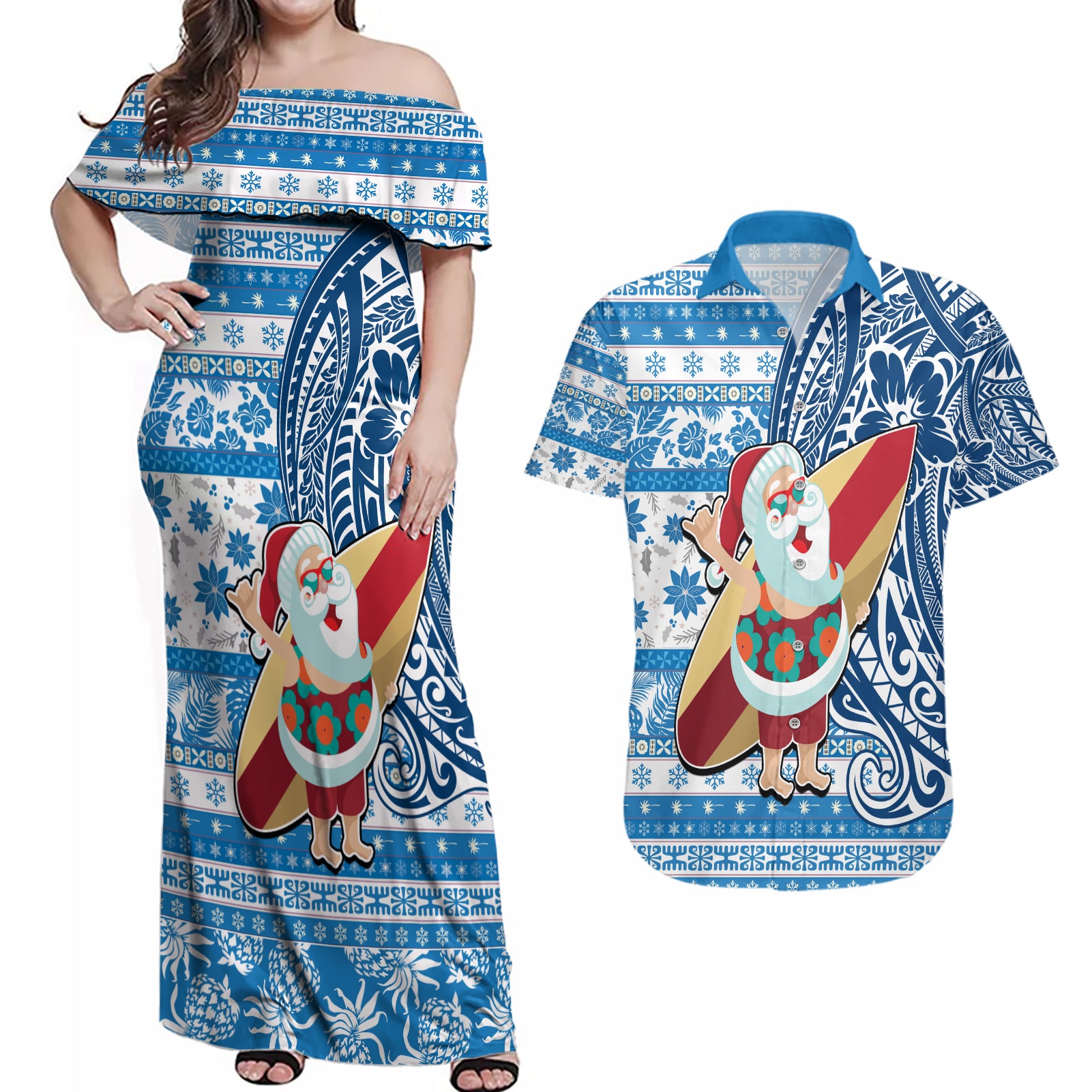 Hawaii Mele Kalikimaka Couples Matching Off Shoulder Maxi Dress and Hawaiian Shirt Santa Claus Surfing with Hawaiian Pattern Striped Blue Style LT03 Blue - Polynesian Pride