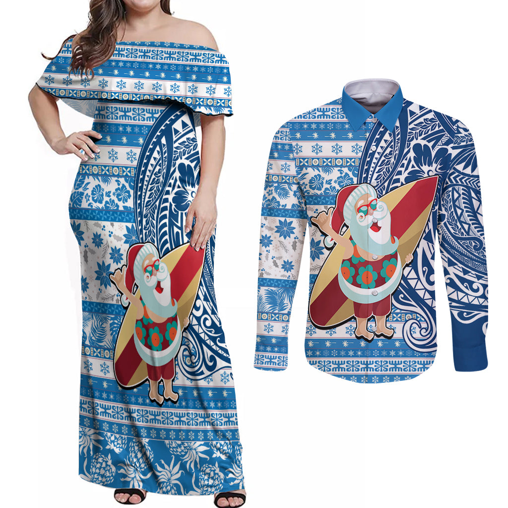 Hawaii Mele Kalikimaka Couples Matching Off Shoulder Maxi Dress and Long Sleeve Button Shirt Santa Claus Surfing with Hawaiian Pattern Striped Blue Style LT03 Blue - Polynesian Pride