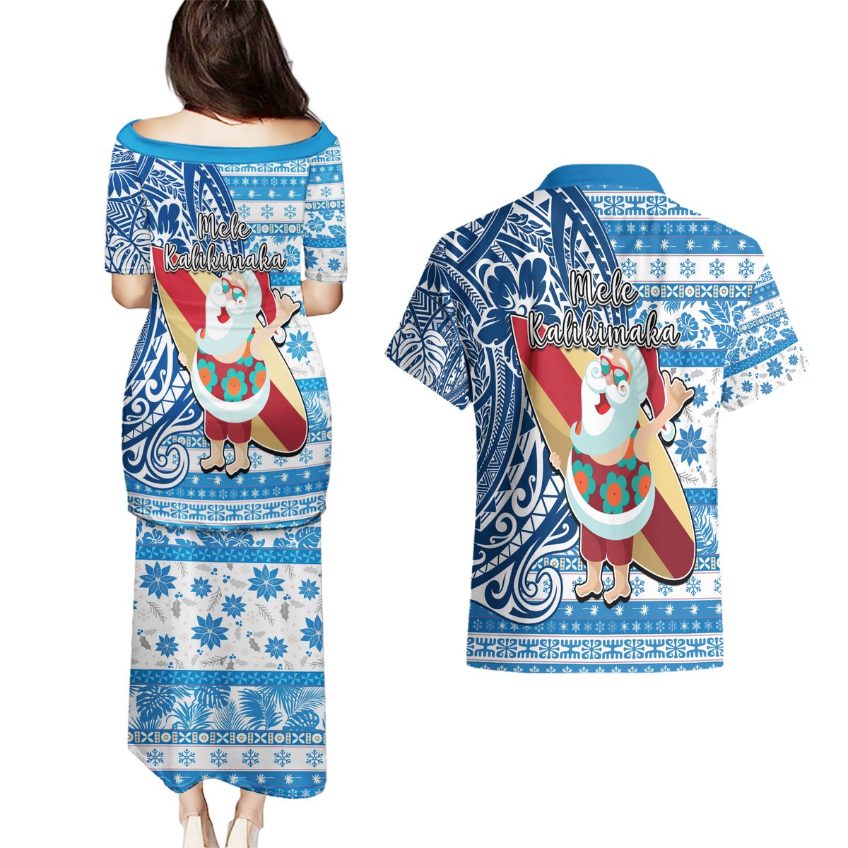 Hawaii Mele Kalikimaka Couples Matching Puletasi Dress and Hawaiian Shirt Santa Claus Surfing with Hawaiian Pattern Striped Blue Style LT03 - Polynesian Pride