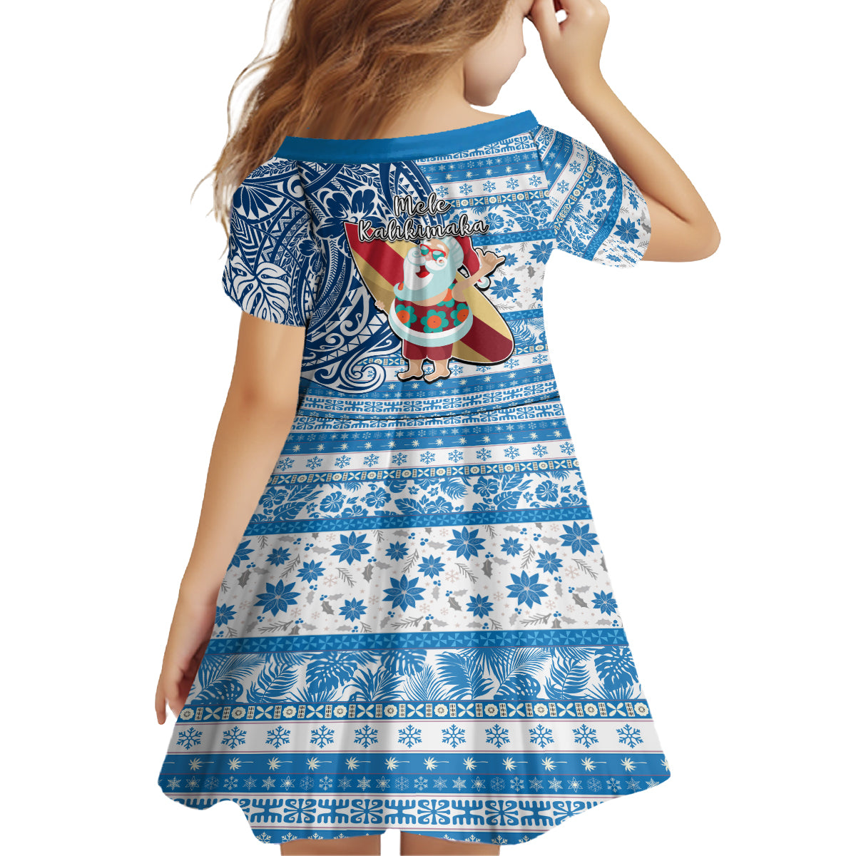Hawaii Mele Kalikimaka Family Matching Long Sleeve Bodycon Dress and Hawaiian Shirt Santa Claus Surfing with Hawaiian Pattern Striped Blue Style LT03 - Polynesian Pride