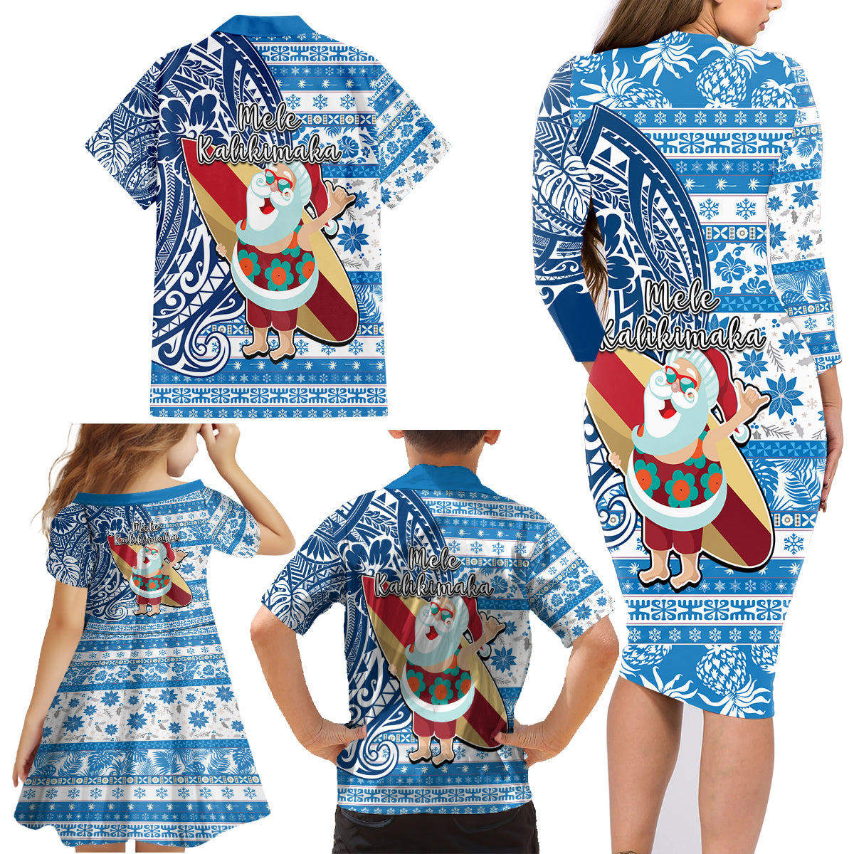 Hawaii Mele Kalikimaka Family Matching Long Sleeve Bodycon Dress and Hawaiian Shirt Santa Claus Surfing with Hawaiian Pattern Striped Blue Style LT03 - Polynesian Pride