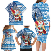 Hawaii Mele Kalikimaka Family Matching Long Sleeve Bodycon Dress and Hawaiian Shirt Santa Claus Surfing with Hawaiian Pattern Striped Blue Style LT03 - Polynesian Pride