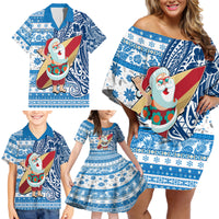 Hawaii Mele Kalikimaka Family Matching Off Shoulder Short Dress and Hawaiian Shirt Santa Claus Surfing with Hawaiian Pattern Striped Blue Style LT03 - Polynesian Pride