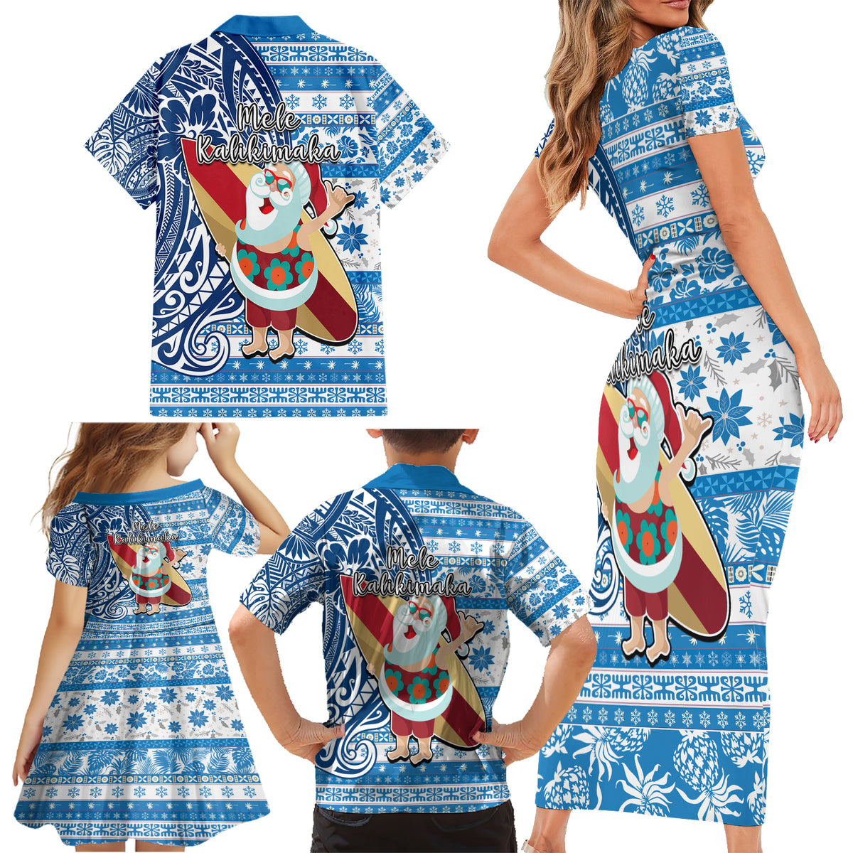 Hawaii Mele Kalikimaka Family Matching Short Sleeve Bodycon Dress and Hawaiian Shirt Santa Claus Surfing with Hawaiian Pattern Striped Blue Style LT03 - Polynesian Pride