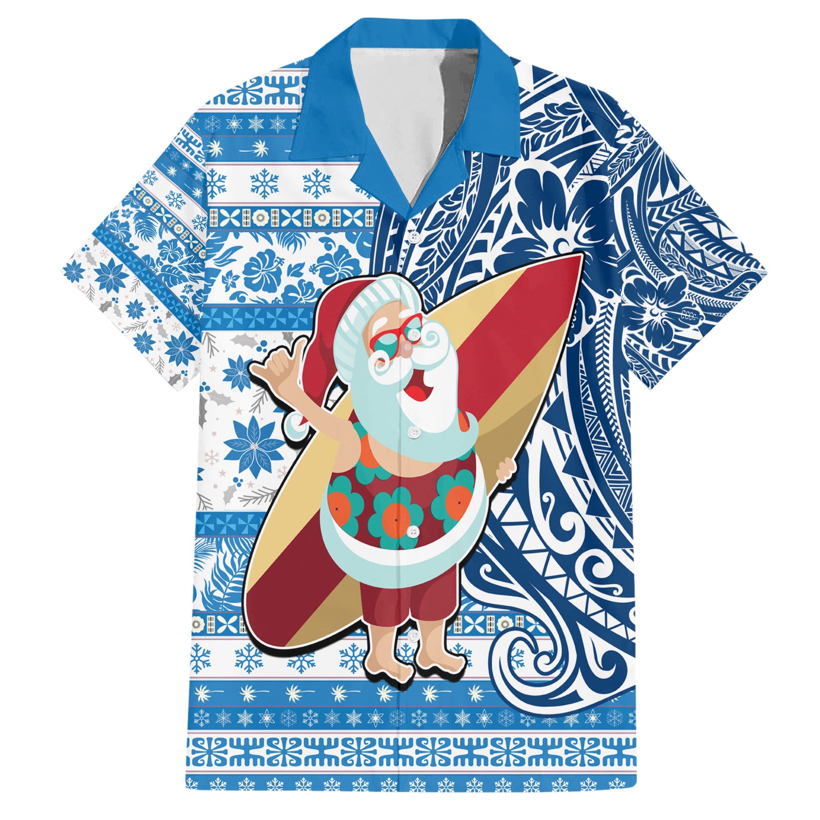 Hawaii Mele Kalikimaka Hawaiian Shirt Santa Claus Surfing with Hawaiian Pattern Striped Blue Style LT03 Blue - Polynesian Pride