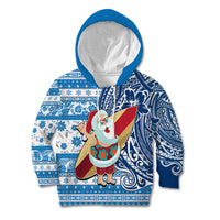 Hawaii Mele Kalikimaka Kid Hoodie Santa Claus Surfing with Hawaiian Pattern Striped Blue Style LT03 Blue - Polynesian Pride