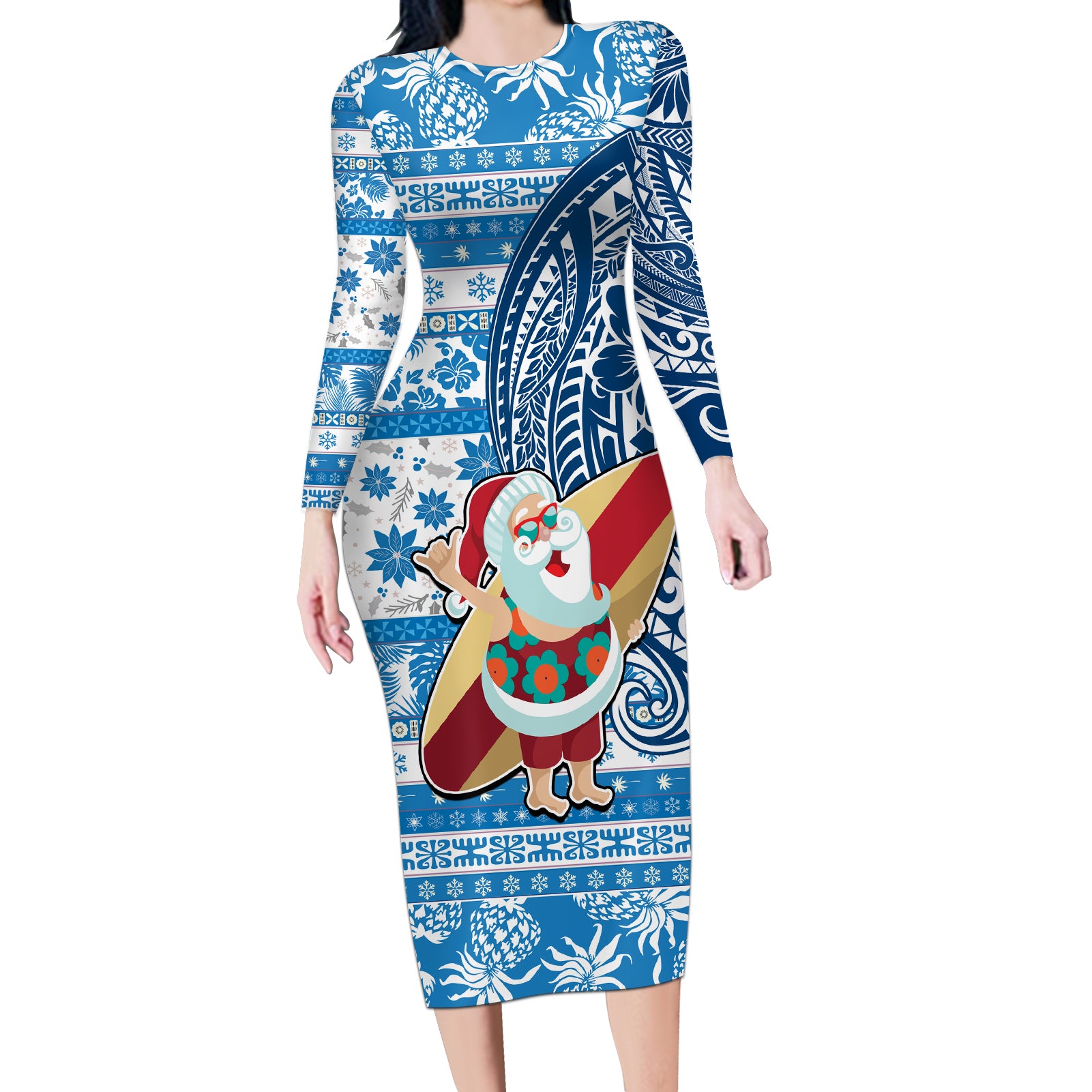 Hawaii Mele Kalikimaka Long Sleeve Bodycon Dress Santa Claus Surfing with Hawaiian Pattern Striped Blue Style LT03 Long Dress Blue - Polynesian Pride
