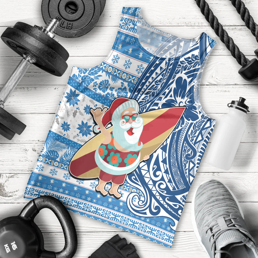 Hawaii Mele Kalikimaka Men Tank Top Santa Claus Surfing with Hawaiian Pattern Striped Blue Style LT03 - Polynesian Pride