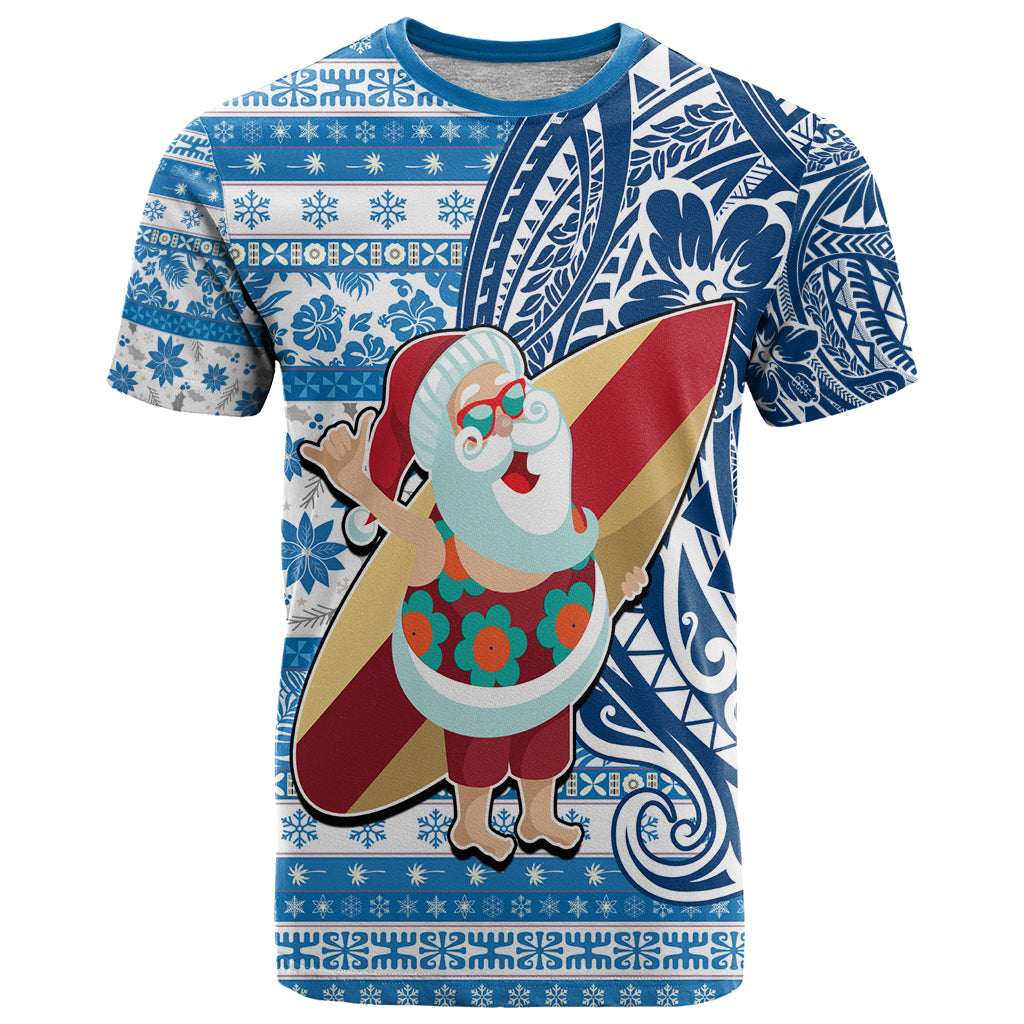 Hawaii Mele Kalikimaka T Shirt Santa Claus Surfing with Hawaiian Pattern Striped Blue Style LT03 Blue - Polynesian Pride