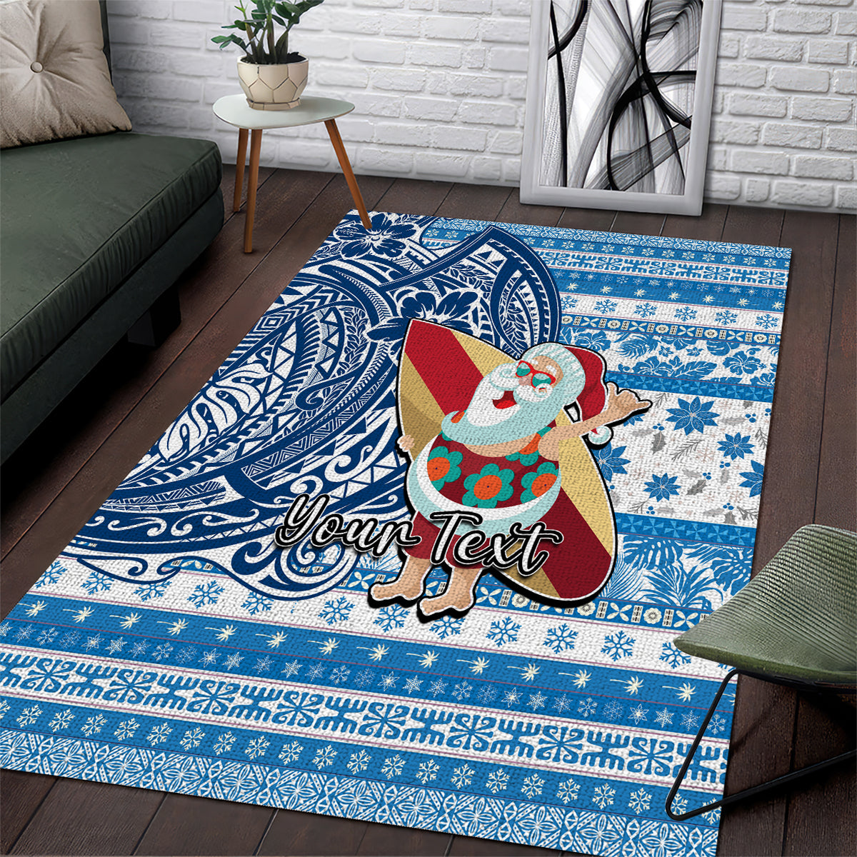 Custom Hawaii Mele Kalikimaka Area Rug Santa Claus Surfing with Hawaiian Pattern Striped Blue Style LT03 Blue - Polynesian Pride