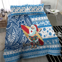 Custom Hawaii Mele Kalikimaka Bedding Set Santa Claus Surfing with Hawaiian Pattern Striped Blue Style LT03 - Polynesian Pride