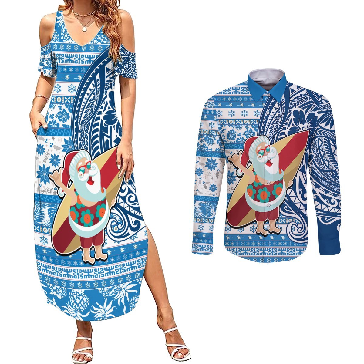 Custom Hawaii Mele Kalikimaka Couples Matching Summer Maxi Dress and Long Sleeve Button Shirt Santa Claus Surfing with Hawaiian Pattern Striped Blue Style LT03 Blue - Polynesian Pride