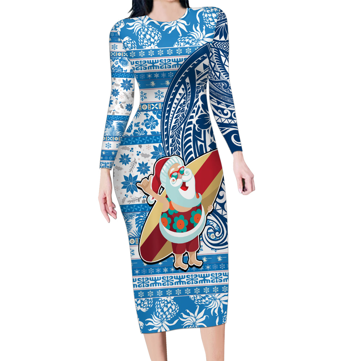 Custom Hawaii Mele Kalikimaka Family Matching Long Sleeve Bodycon Dress and Hawaiian Shirt Santa Claus Surfing with Hawaiian Pattern Striped Blue Style LT03 Mom's Dress Blue - Polynesian Pride