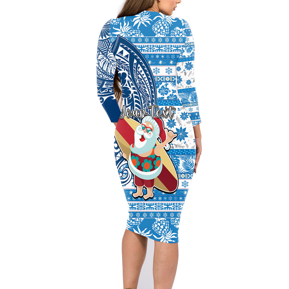 Custom Hawaii Mele Kalikimaka Family Matching Long Sleeve Bodycon Dress and Hawaiian Shirt Santa Claus Surfing with Hawaiian Pattern Striped Blue Style LT03 - Polynesian Pride