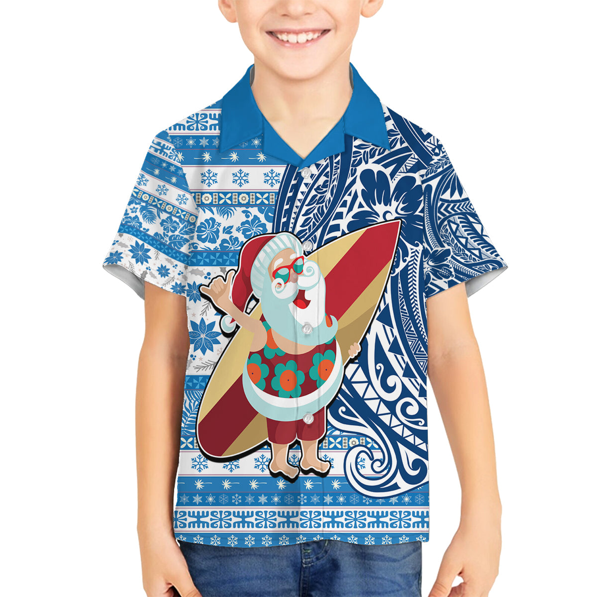 Custom Hawaii Mele Kalikimaka Family Matching Long Sleeve Bodycon Dress and Hawaiian Shirt Santa Claus Surfing with Hawaiian Pattern Striped Blue Style LT03 Son's Shirt Blue - Polynesian Pride
