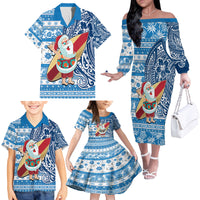 Custom Hawaii Mele Kalikimaka Family Matching Off Shoulder Long Sleeve Dress and Hawaiian Shirt Santa Claus Surfing with Hawaiian Pattern Striped Blue Style LT03 - Polynesian Pride