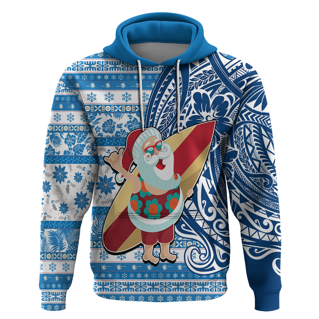 Custom Hawaii Mele Kalikimaka Hoodie Santa Claus Surfing with Hawaiian Pattern Striped Blue Style LT03 Pullover Hoodie Blue - Polynesian Pride