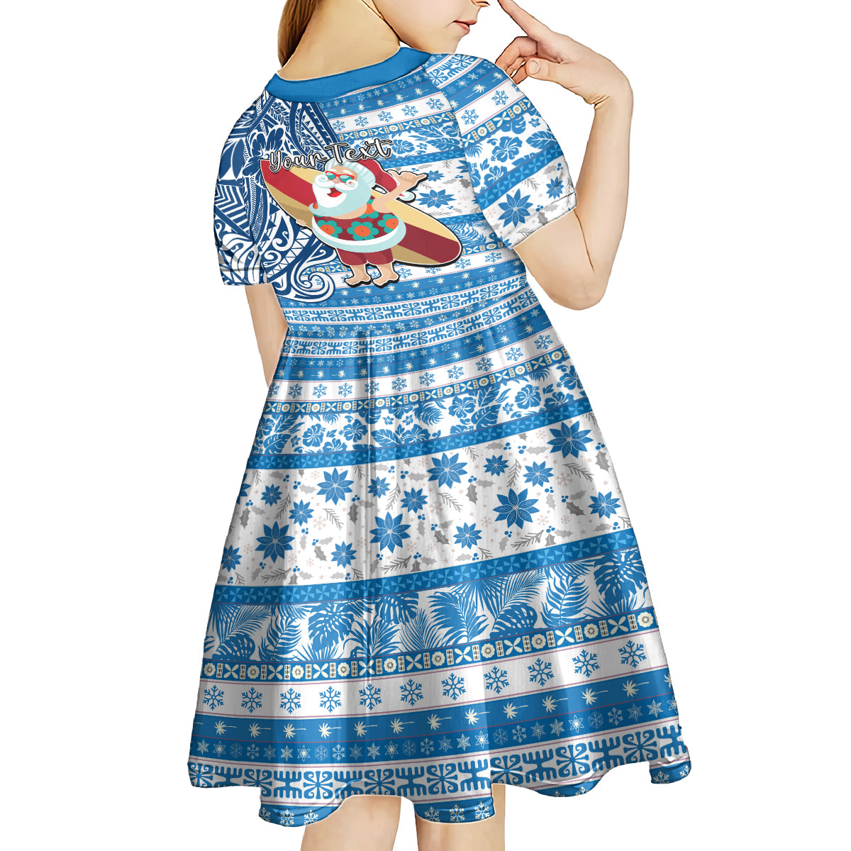 Custom Hawaii Mele Kalikimaka Kid Short Sleeve Dress Santa Claus Surfing with Hawaiian Pattern Striped Blue Style LT03 - Polynesian Pride