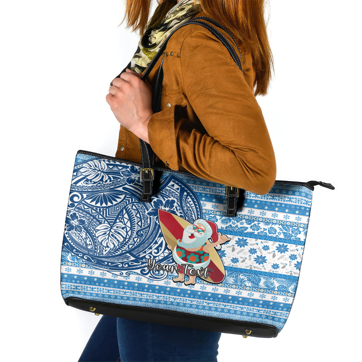 Custom Hawaii Mele Kalikimaka Leather Tote Bag Santa Claus Surfing with Hawaiian Pattern Striped Blue Style LT03 Blue - Polynesian Pride