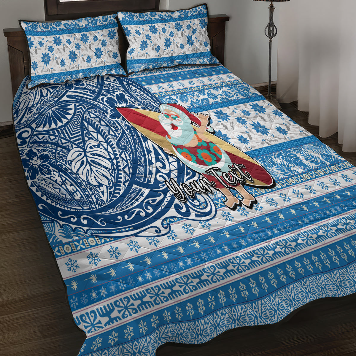 Custom Hawaii Mele Kalikimaka Quilt Bed Set Santa Claus Surfing with Hawaiian Pattern Striped Blue Style LT03 - Polynesian Pride