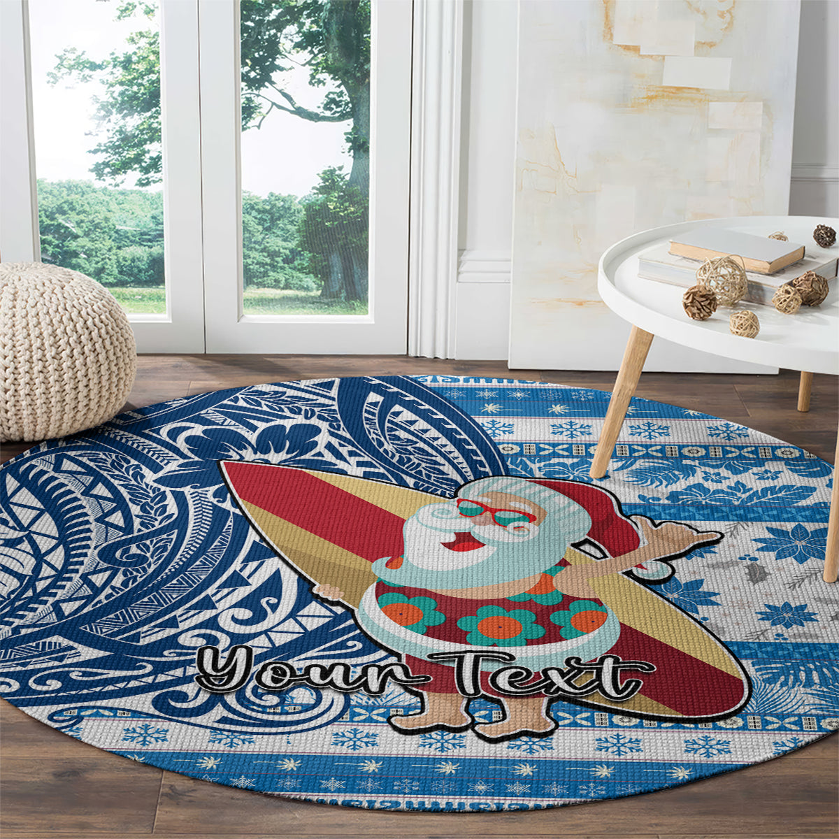 Custom Hawaii Mele Kalikimaka Round Carpet Santa Claus Surfing with Hawaiian Pattern Striped Blue Style LT03 - Polynesian Pride