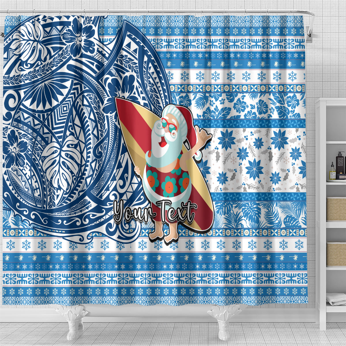Custom Hawaii Mele Kalikimaka Shower Curtain Santa Claus Surfing with Hawaiian Pattern Striped Blue Style LT03 - Polynesian Pride
