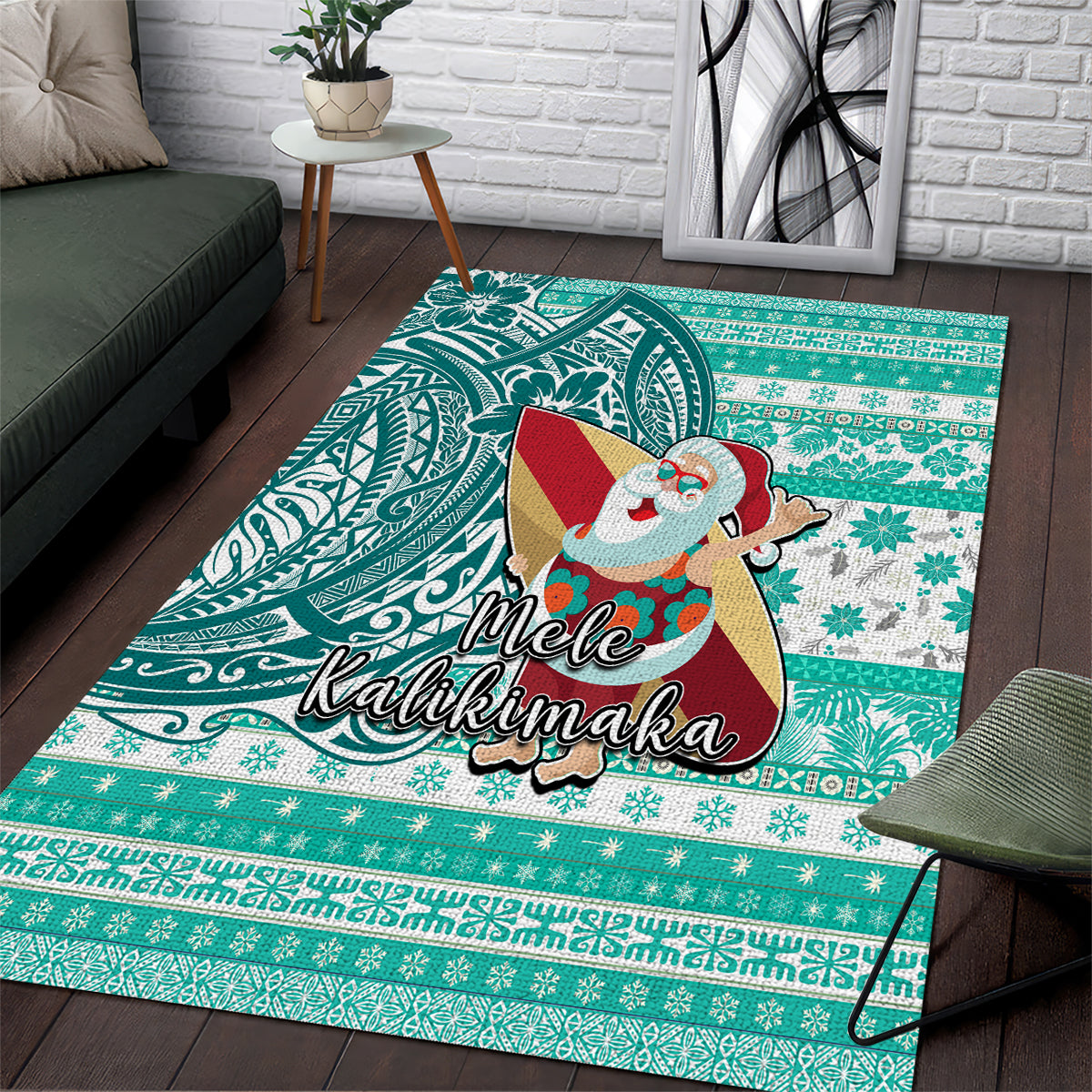 Hawaii Mele Kalikimaka Area Rug Santa Claus Surfing with Hawaiian Pattern Striped Turquoise Style LT03 Turquoise - Polynesian Pride