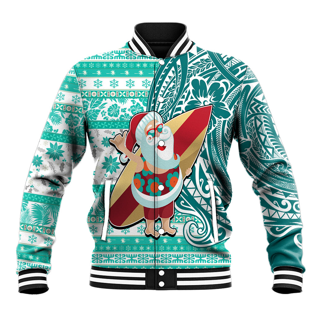 Hawaii Mele Kalikimaka Baseball Jacket Santa Claus Surfing with Hawaiian Pattern Striped Turquoise Style LT03 Unisex Turquoise - Polynesian Pride