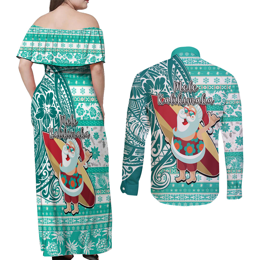 Hawaii Mele Kalikimaka Couples Matching Off Shoulder Maxi Dress and Long Sleeve Button Shirt Santa Claus Surfing with Hawaiian Pattern Striped Turquoise Style LT03 - Polynesian Pride
