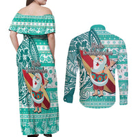 Hawaii Mele Kalikimaka Couples Matching Off Shoulder Maxi Dress and Long Sleeve Button Shirt Santa Claus Surfing with Hawaiian Pattern Striped Turquoise Style LT03 - Polynesian Pride