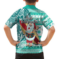 Hawaii Mele Kalikimaka Family Matching Long Sleeve Bodycon Dress and Hawaiian Shirt Santa Claus Surfing with Hawaiian Pattern Striped Turquoise Style LT03 - Polynesian Pride