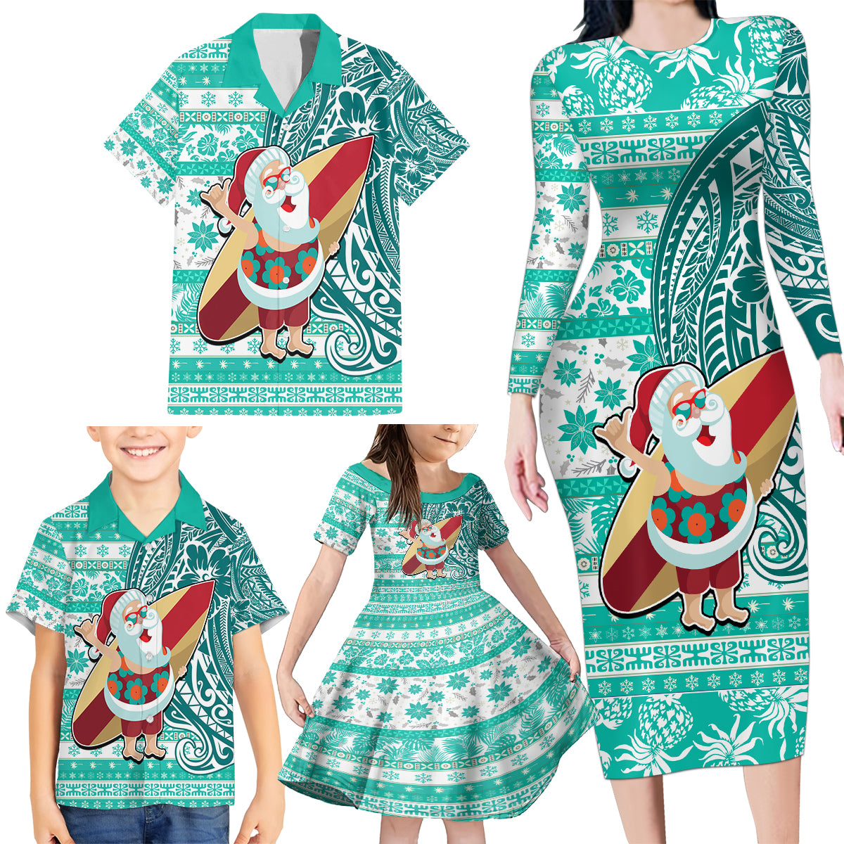 Hawaii Mele Kalikimaka Family Matching Long Sleeve Bodycon Dress and Hawaiian Shirt Santa Claus Surfing with Hawaiian Pattern Striped Turquoise Style LT03 - Polynesian Pride