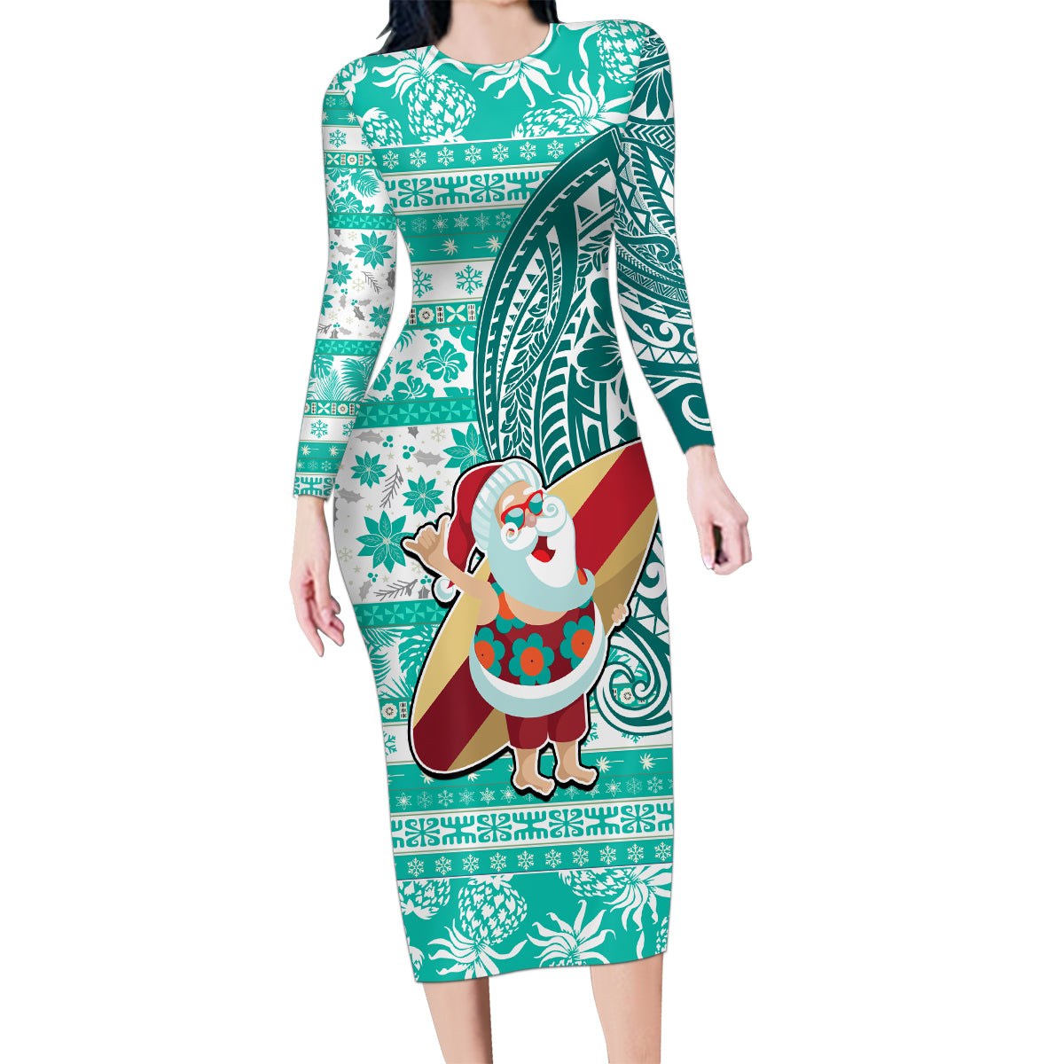Hawaii Mele Kalikimaka Family Matching Long Sleeve Bodycon Dress and Hawaiian Shirt Santa Claus Surfing with Hawaiian Pattern Striped Turquoise Style LT03 Mom's Dress Turquoise - Polynesian Pride