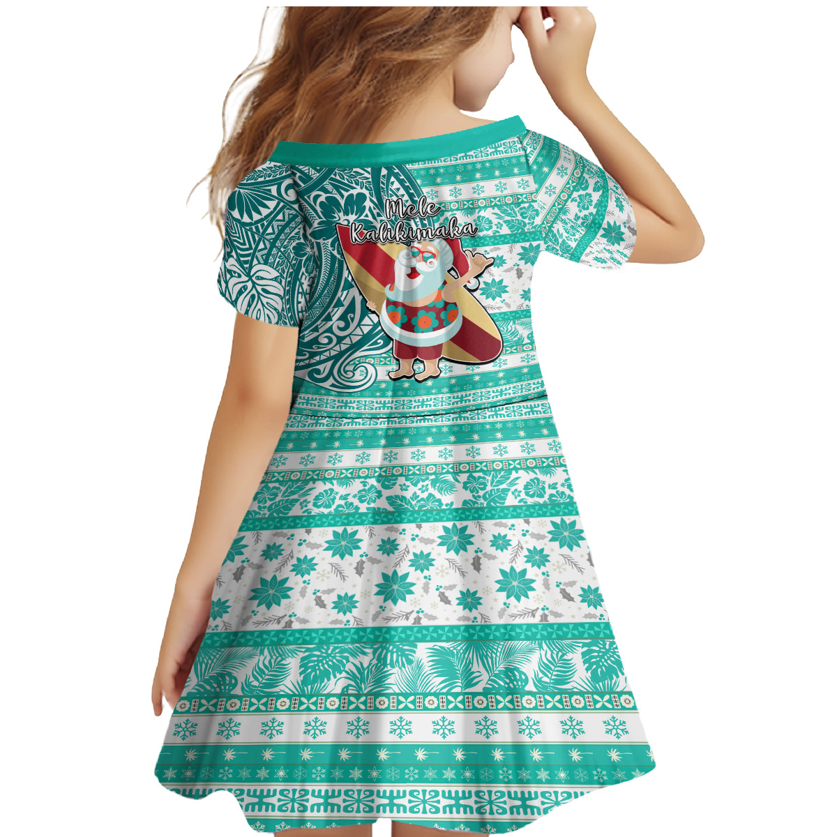 Hawaii Mele Kalikimaka Family Matching Mermaid Dress and Hawaiian Shirt Santa Claus Surfing with Hawaiian Pattern Striped Turquoise Style LT03 - Polynesian Pride