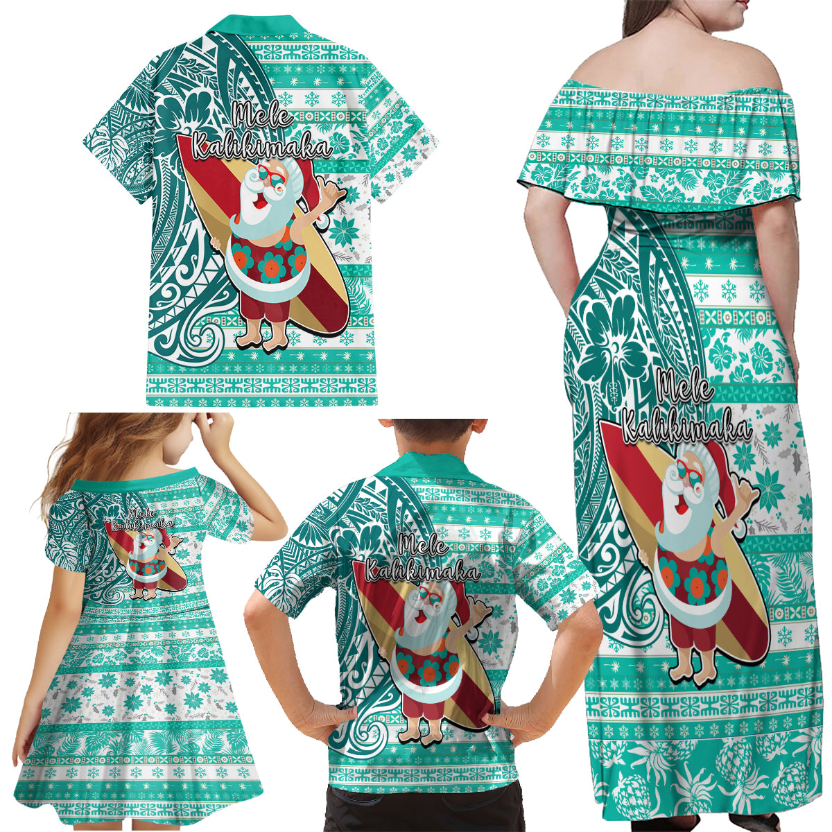 Hawaii Mele Kalikimaka Family Matching Off Shoulder Maxi Dress and Hawaiian Shirt Santa Claus Surfing with Hawaiian Pattern Striped Turquoise Style LT03 - Polynesian Pride
