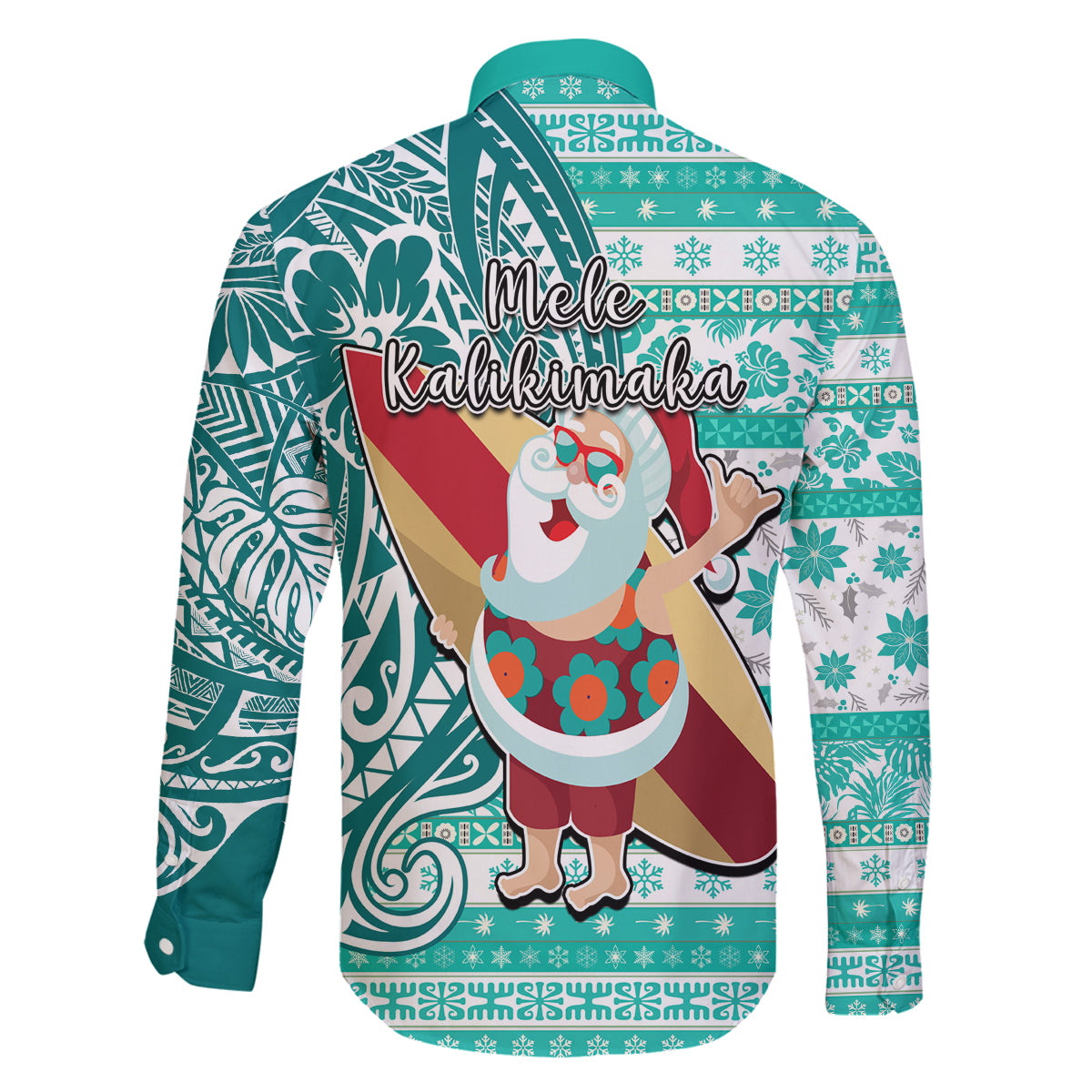 Hawaii Mele Kalikimaka Family Matching Off Shoulder Maxi Dress and Hawaiian Shirt Santa Claus Surfing with Hawaiian Pattern Striped Turquoise Style LT03 - Polynesian Pride