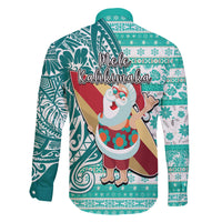 Hawaii Mele Kalikimaka Family Matching Off Shoulder Short Dress and Hawaiian Shirt Santa Claus Surfing with Hawaiian Pattern Striped Turquoise Style LT03 - Polynesian Pride