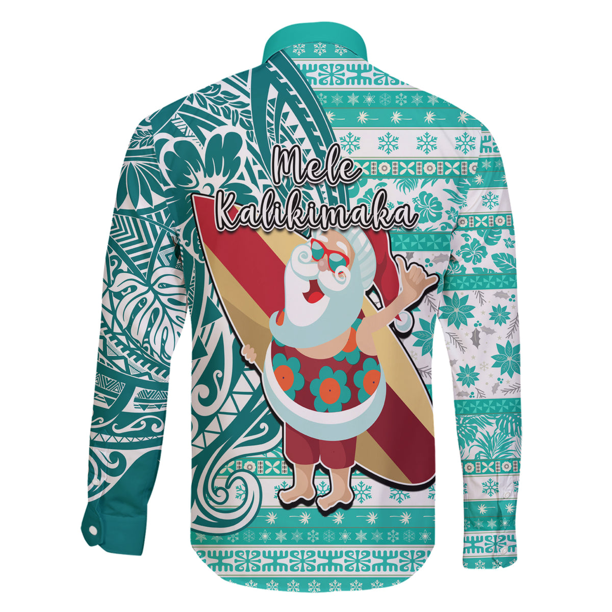 Hawaii Mele Kalikimaka Family Matching Short Sleeve Bodycon Dress and Hawaiian Shirt Santa Claus Surfing with Hawaiian Pattern Striped Turquoise Style LT03 - Polynesian Pride