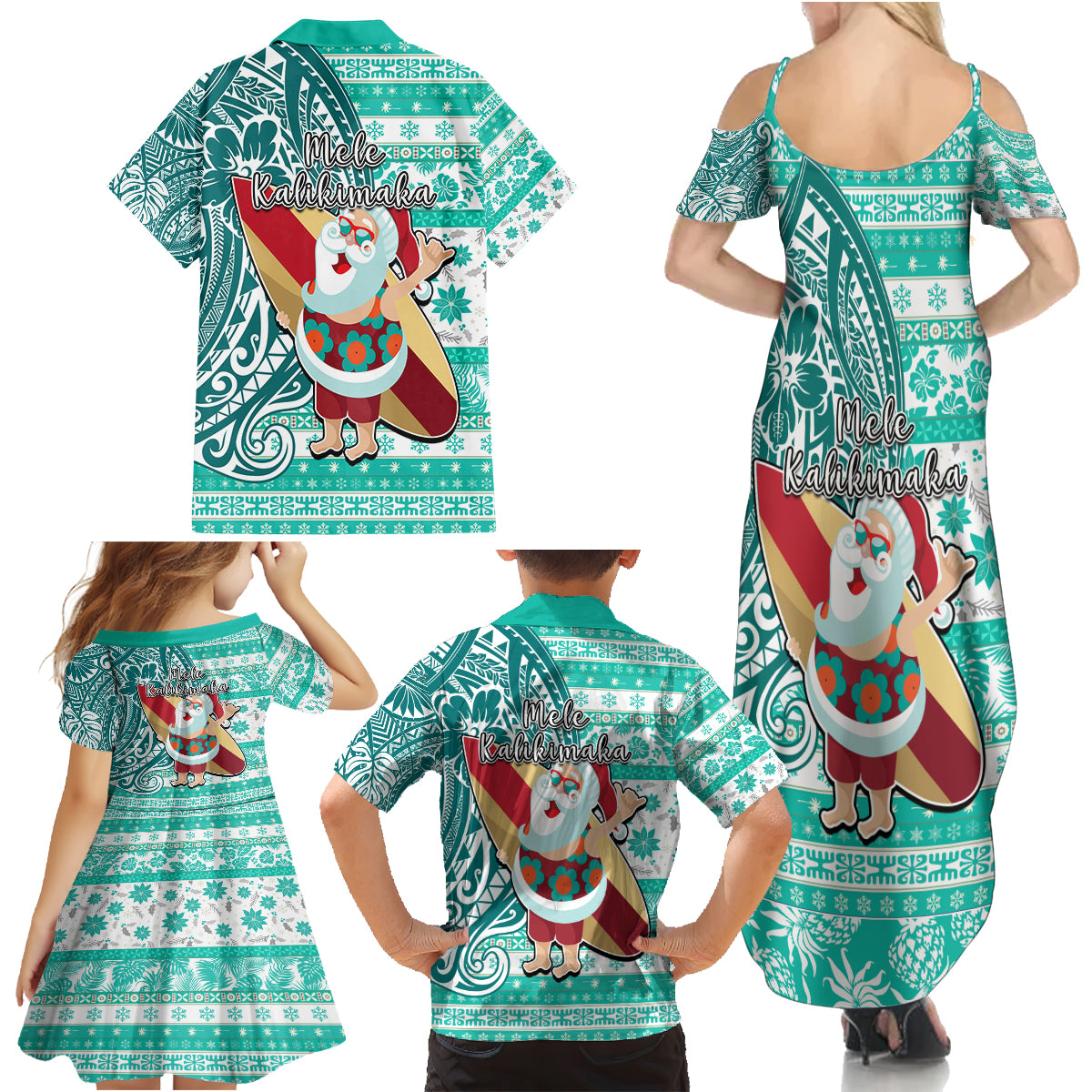 Hawaii Mele Kalikimaka Family Matching Summer Maxi Dress and Hawaiian Shirt Santa Claus Surfing with Hawaiian Pattern Striped Turquoise Style LT03 - Polynesian Pride