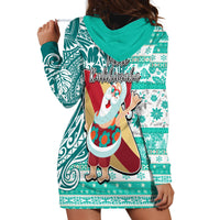 Hawaii Mele Kalikimaka Hoodie Dress Santa Claus Surfing with Hawaiian Pattern Striped Turquoise Style LT03 - Polynesian Pride
